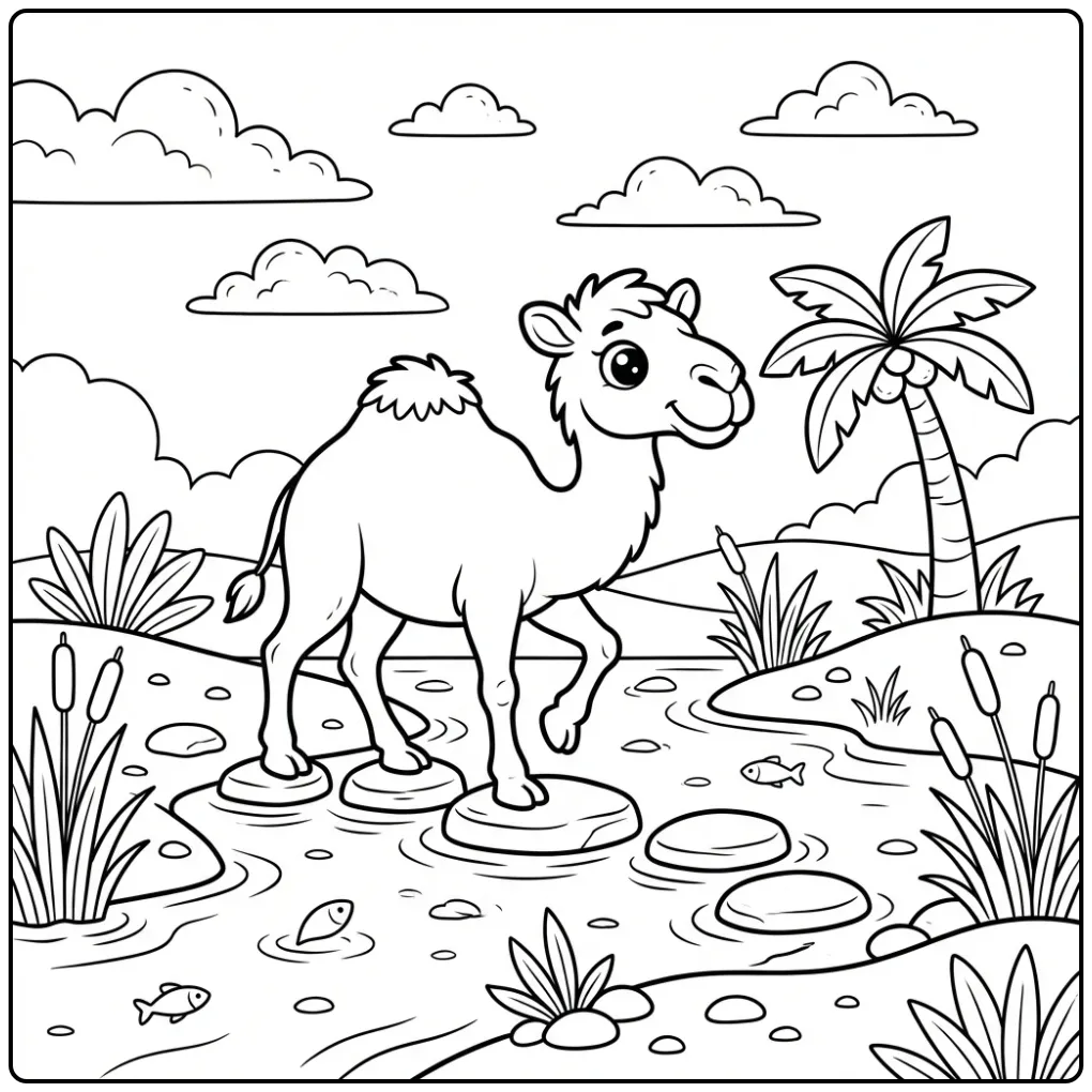 Camel coloring page walking over stepping stones