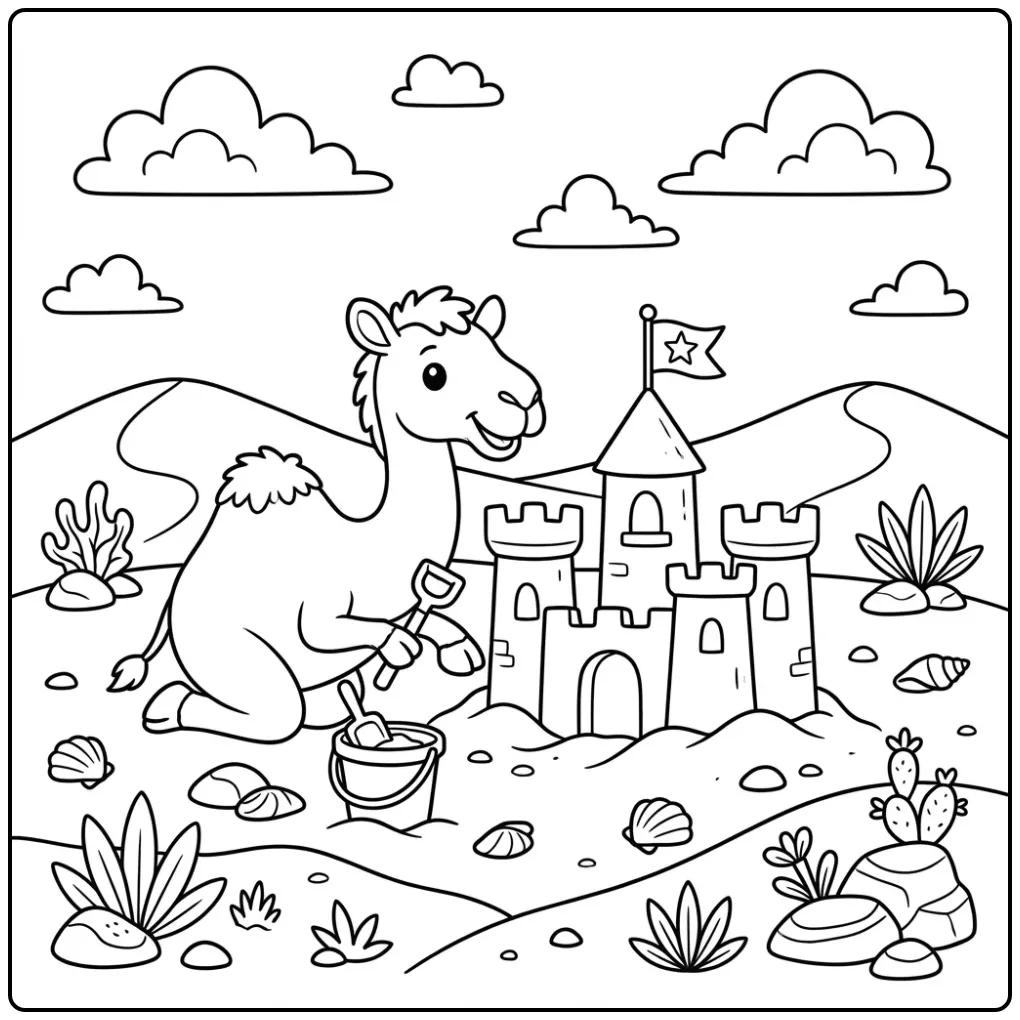 Camel coloring page with a shovel and bucket