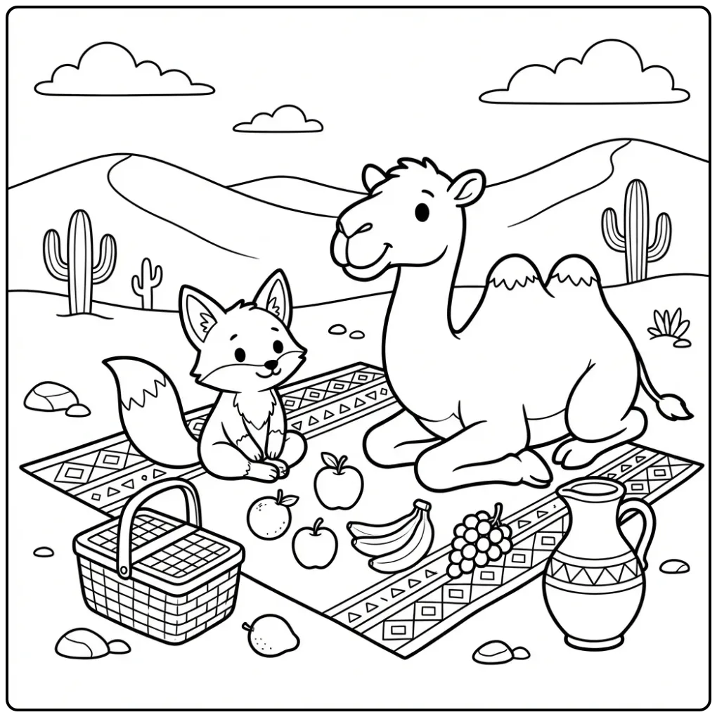 Camel coloring page with a desert fox and picnic