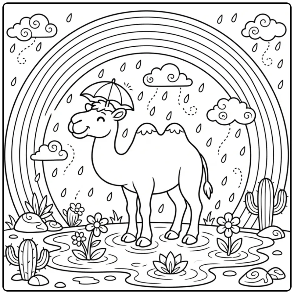 Camel coloring page with an umbrella hat in the rain