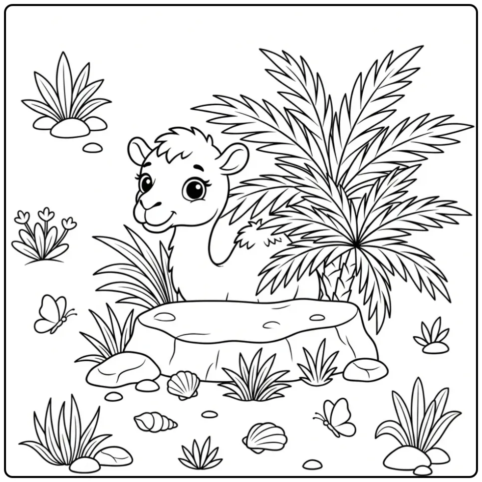 Camel coloring page of a curious baby in the desert