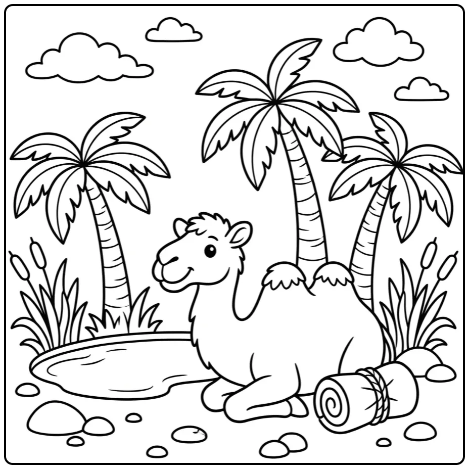 Camel coloring page of a smiling camel by an oasis