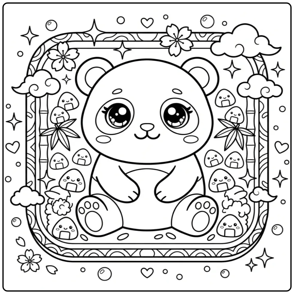 Kawaii panda coloring page with bento snacks and bamboo