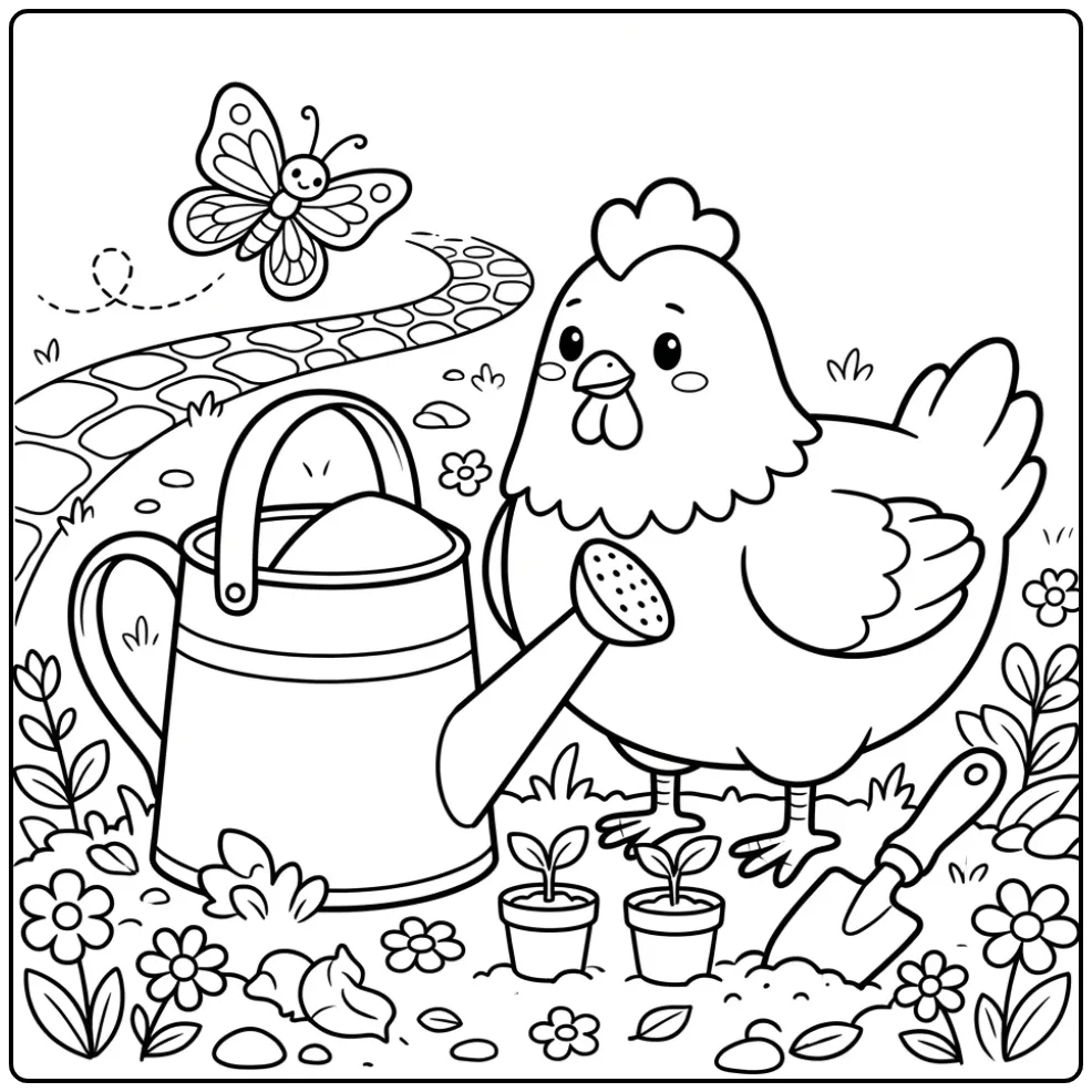 Easy chicken coloring page watering plants in a garden