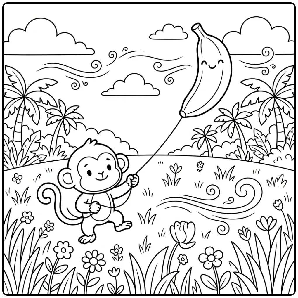 Monkey coloring page flying a banana kite