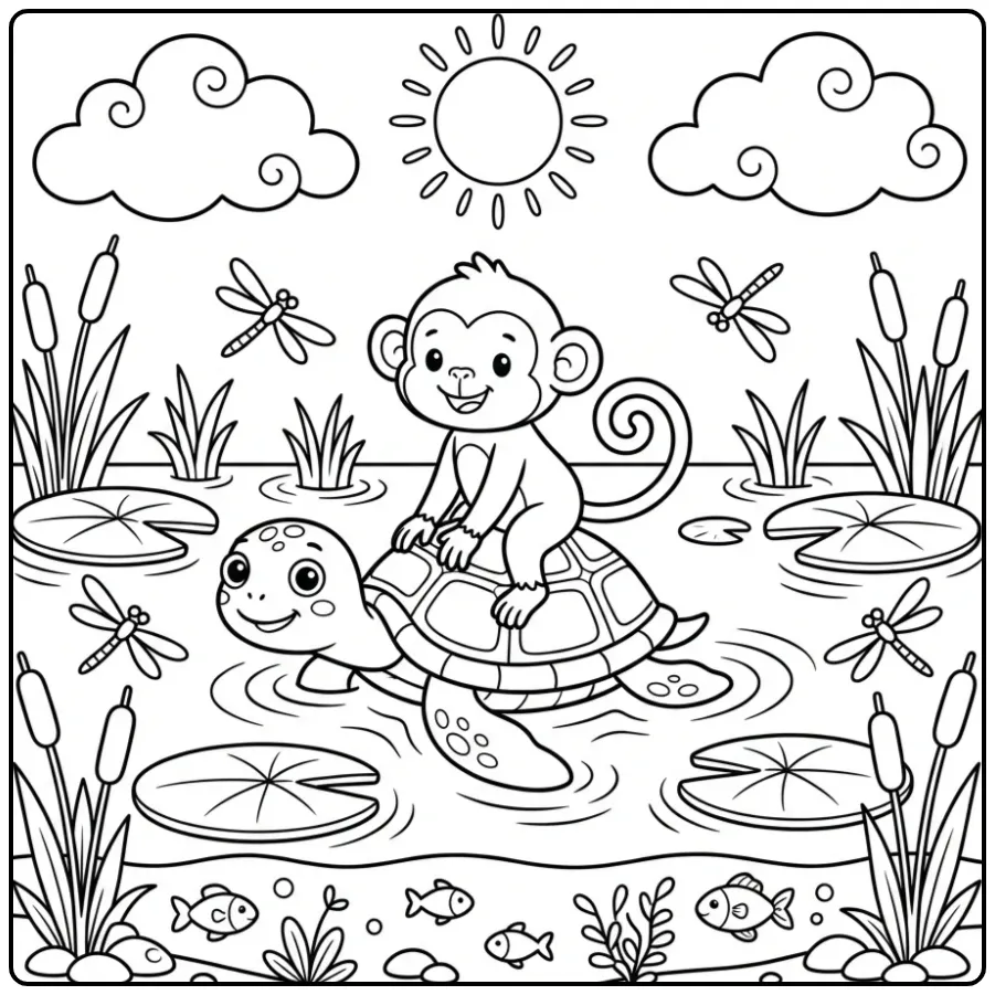 Monkey coloring page riding a turtle among water lilies