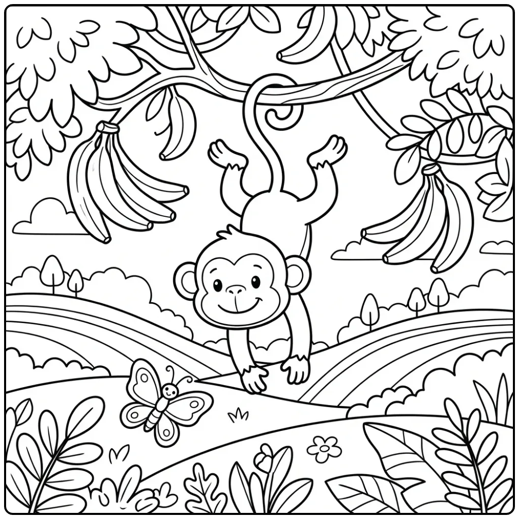 Monkey in tree coloring page with bananas and a butterfly