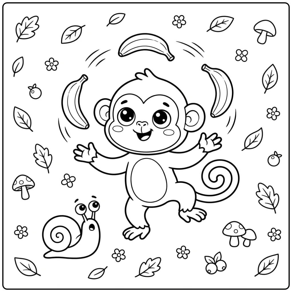 Monkey with banana coloring page juggling bananas