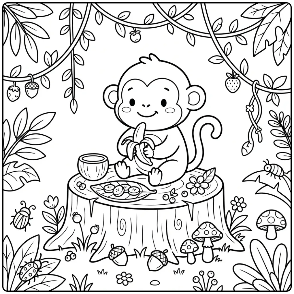 Monkey with banana coloring page at a small table