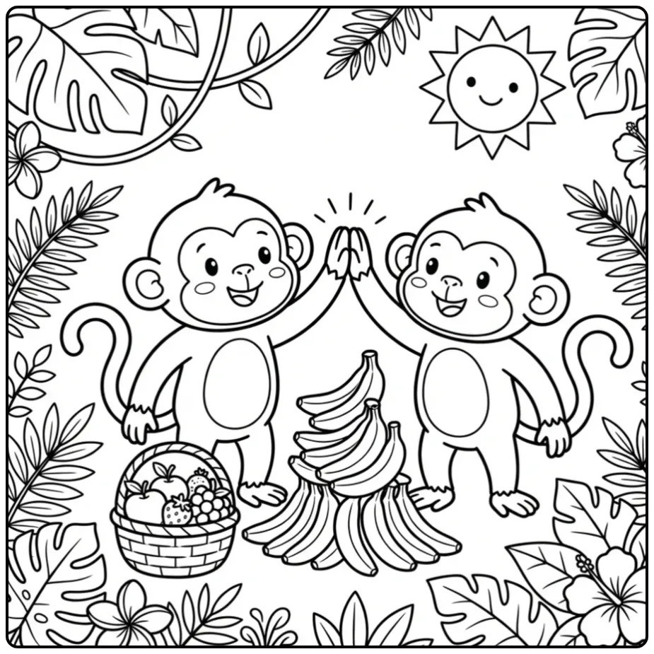 Monkey coloring page with friends high-fiving