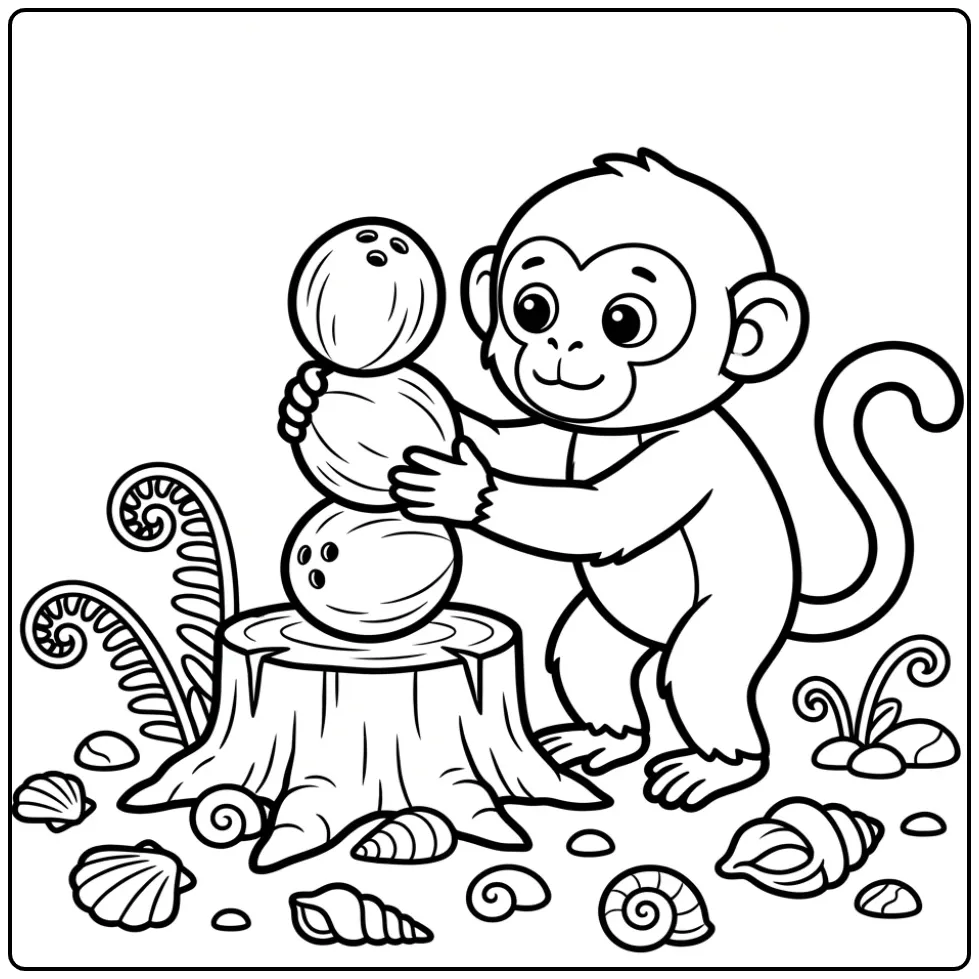 Capuchin monkey coloring page stacking coconuts by a palm