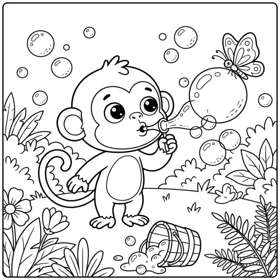 Monkey coloring page blowing bubbles in the jungle