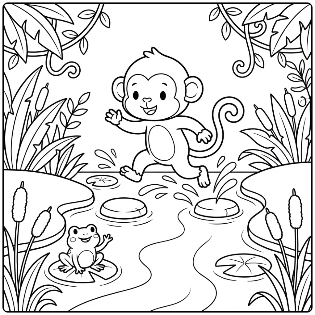 Monkey coloring page jumping across stones in a river