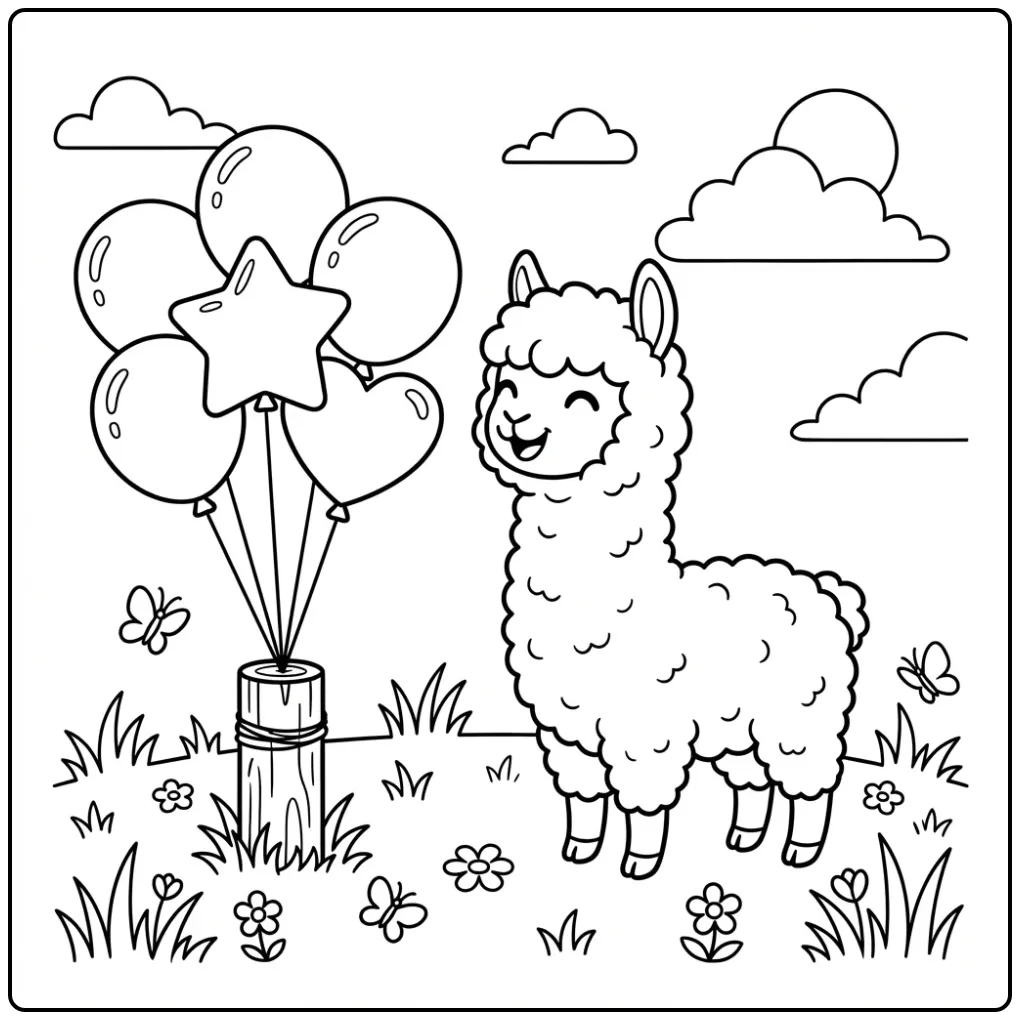 Cute alpaca coloring page with balloons outdoors