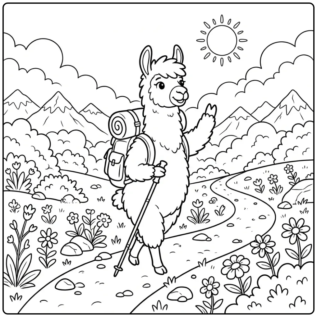Alpaca coloring page walking on a mountain path
