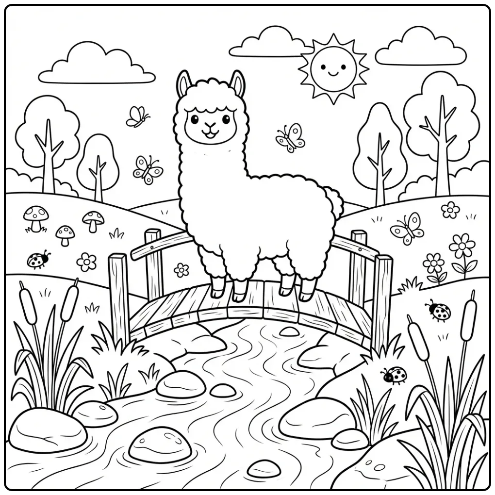Cute alpaca coloring page on a bridge over water