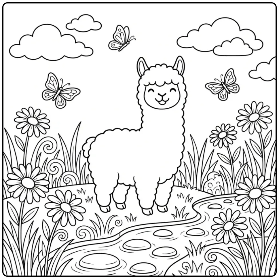 Alpaca coloring page in a flower meadow with a creek