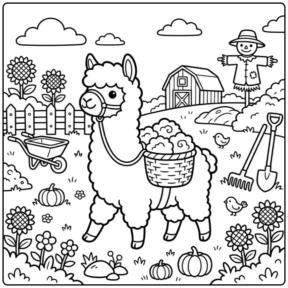 Cute alpaca coloring page with a wool basket on the farm