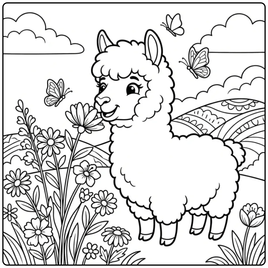 Cute alpaca coloring page in a meadow with flowers