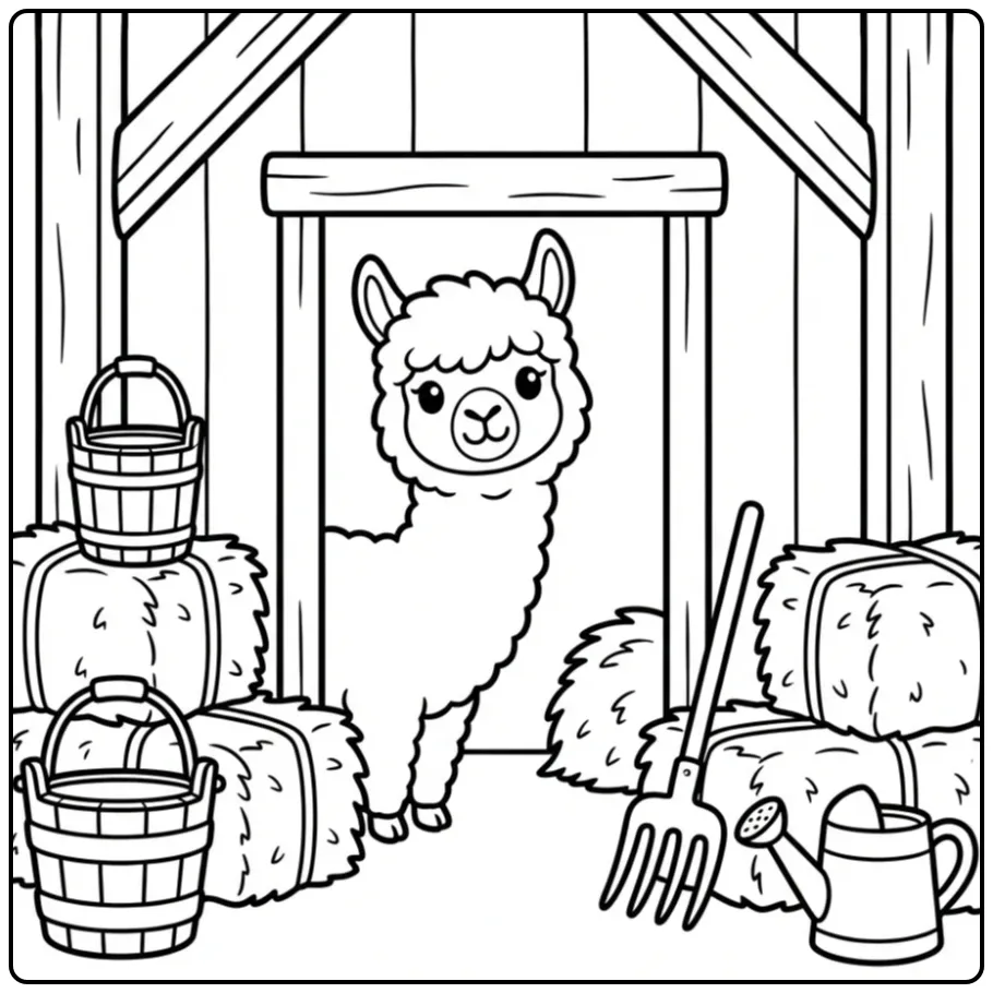 Cute alpaca coloring page peeking from a stable door
