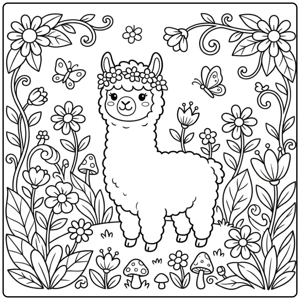 Cute alpaca coloring page with a flower crown in the garden
