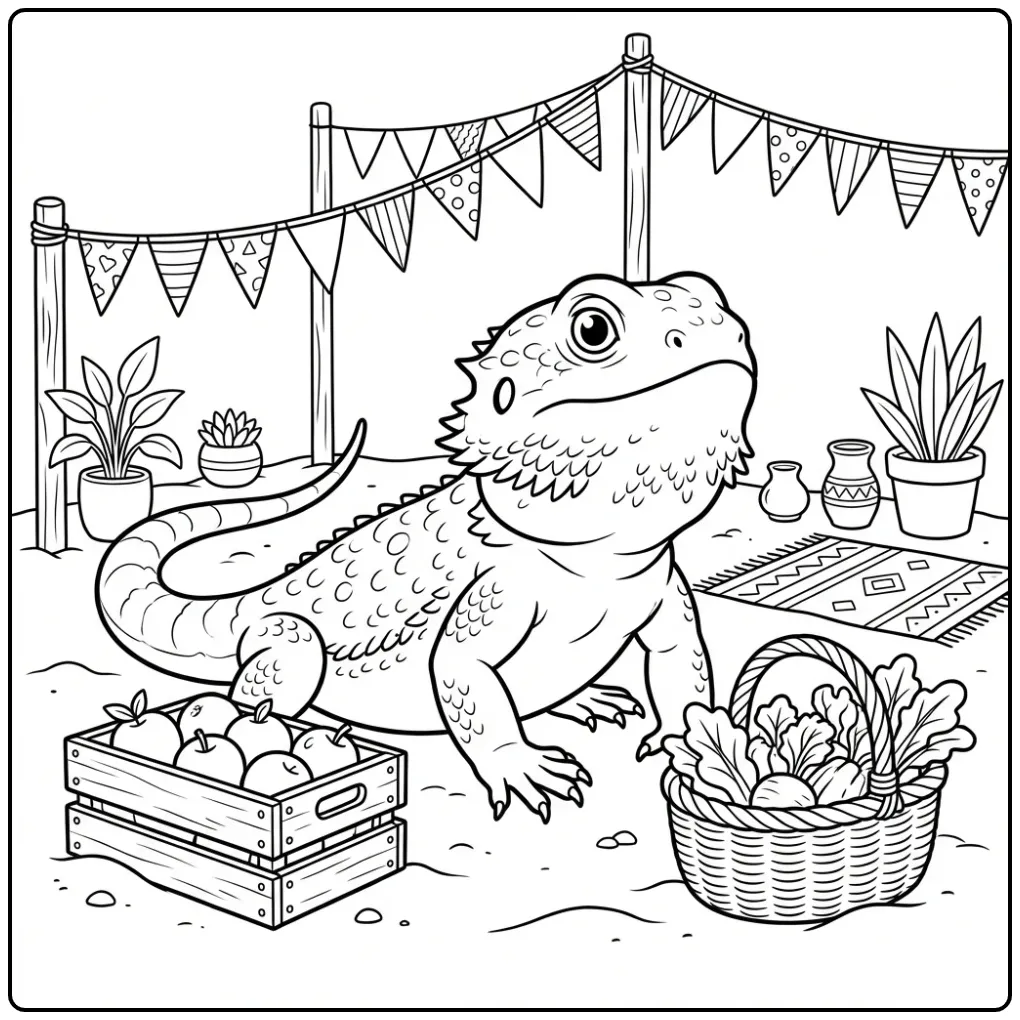 Bearded dragon coloring page between baskets and market flags