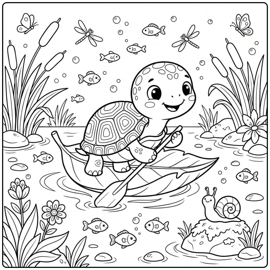 Baby turtle coloring page floating on a large leaf