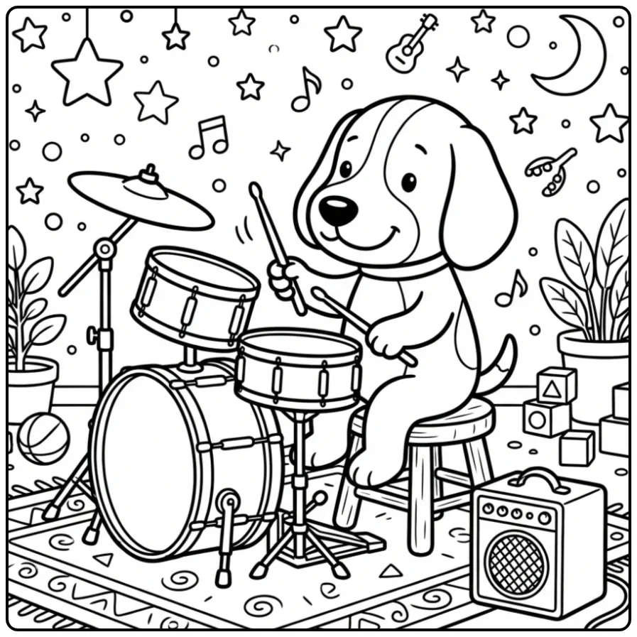 Cheerful Beagle Behind a Small Drum Set coloring page