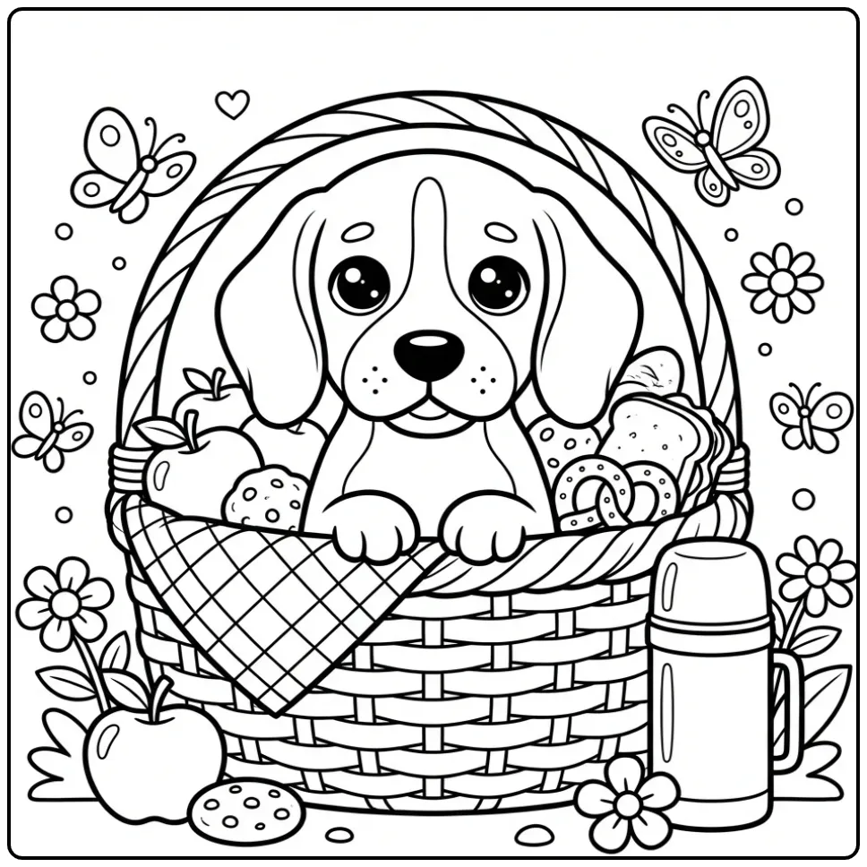 Cheerful Beagle Puppy at a Picnic coloring page