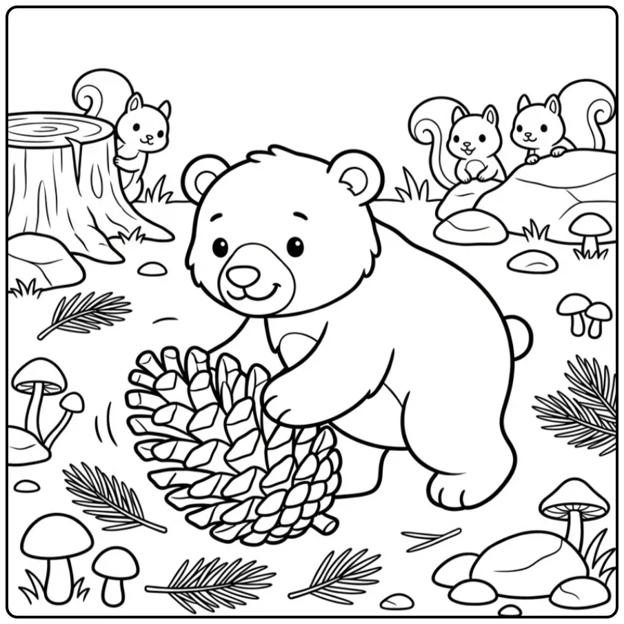 Cute bear coloring page playing with a large pinecone