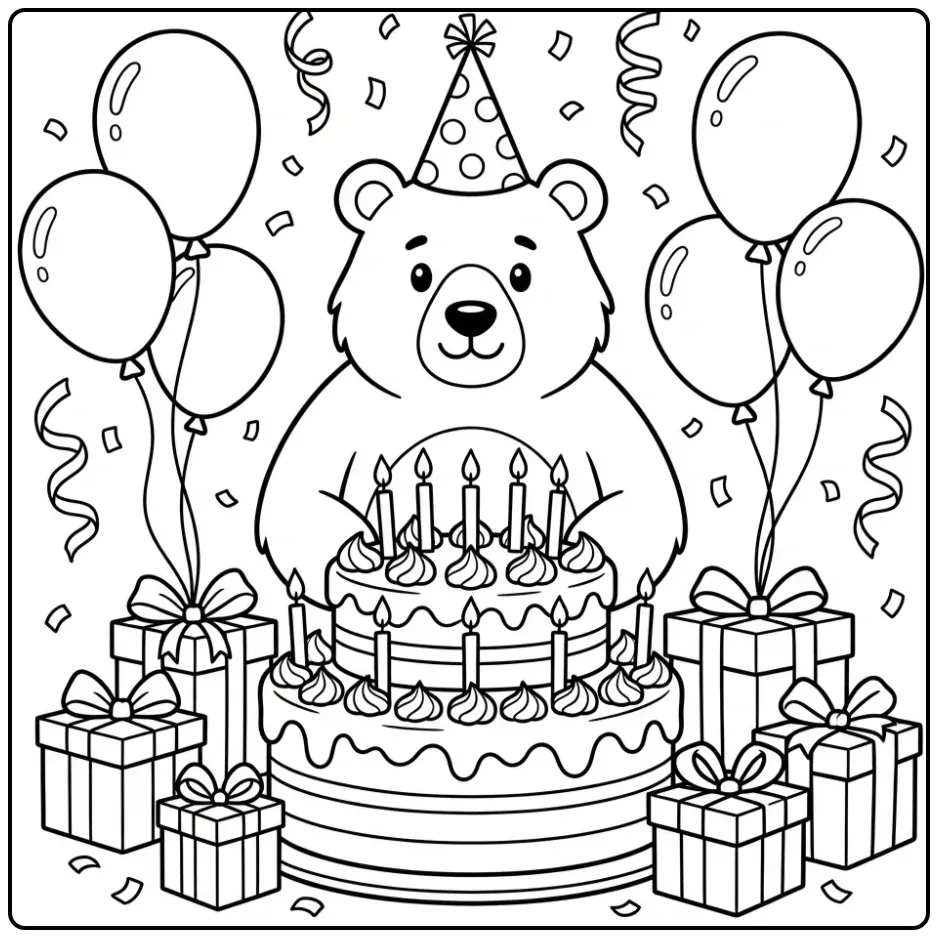 Birthday bear coloring page with balloons and cake