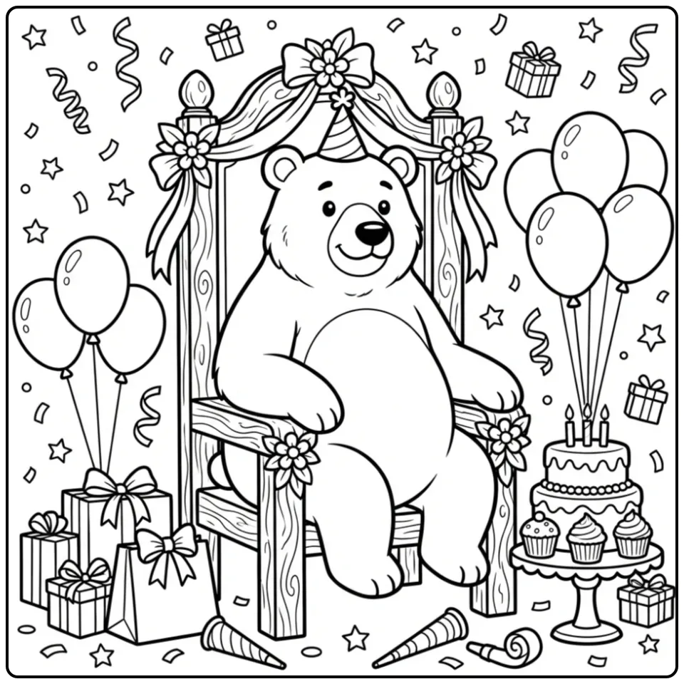 Birthday bear coloring page with balloons and cake