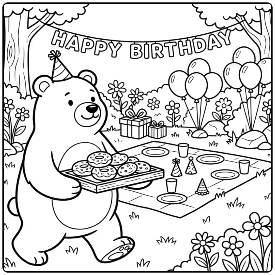Birthday bear coloring page with donuts and cookies