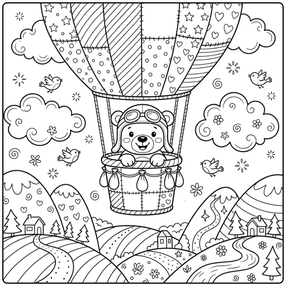 Teddy bear coloring page floating among clouds