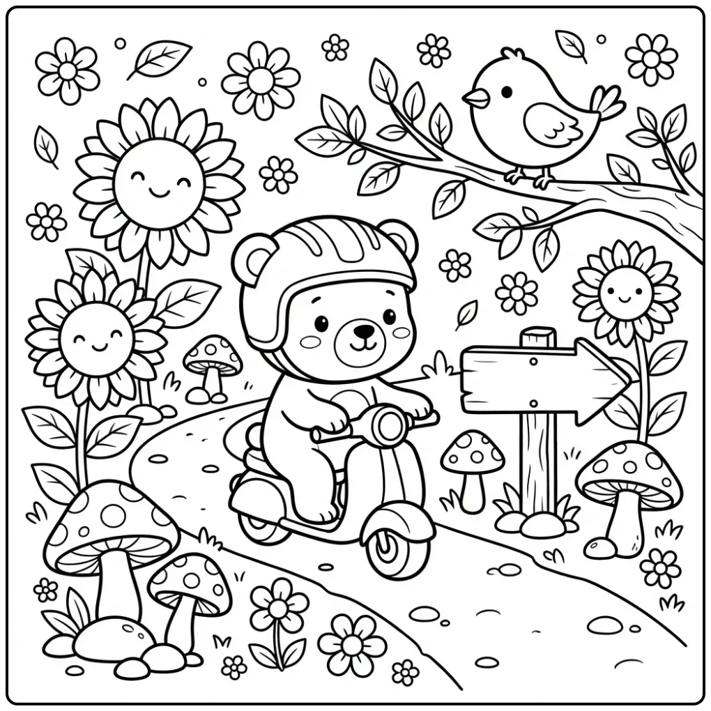 Teddy bear coloring page on a scooter with flowers and a bird