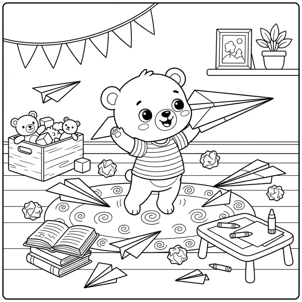 Teddy bear coloring page with paper airplanes