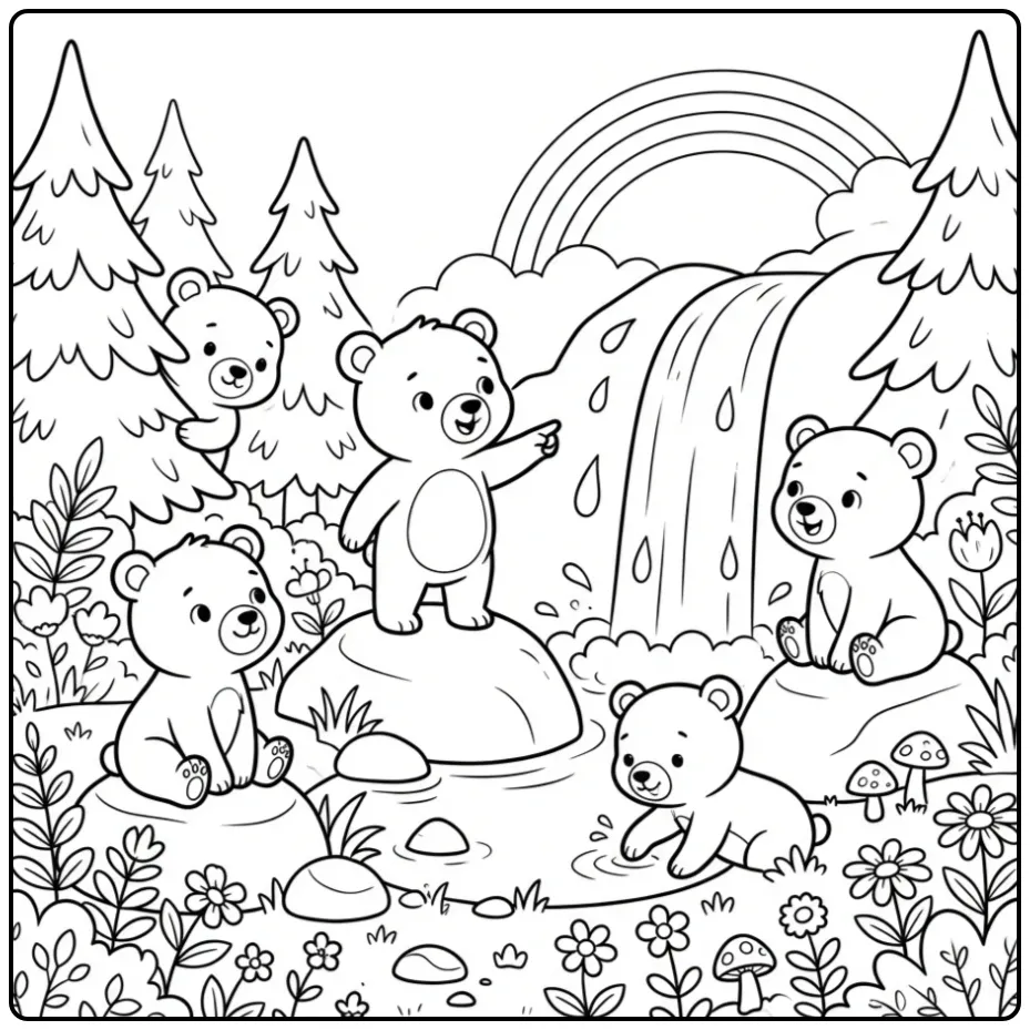 Teddy bears coloring page by a beautiful waterfall