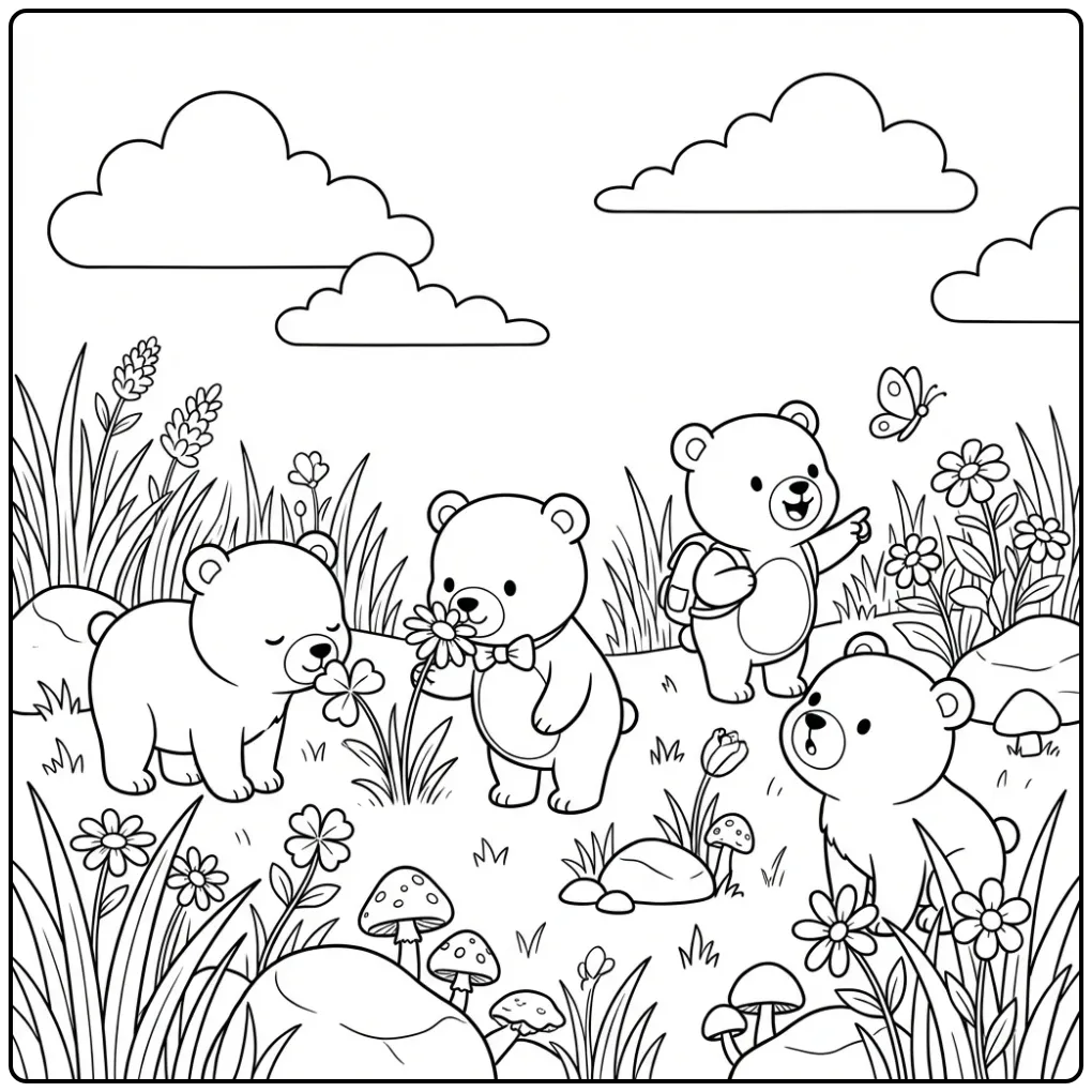 Teddy bears coloring page playing in a flower meadow