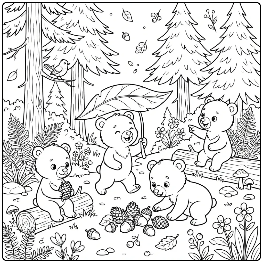 Teddy bears coloring page walking in a pine forest