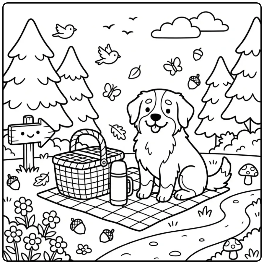 Cheerful Bernese Mountain Dog in the Mountains coloring page