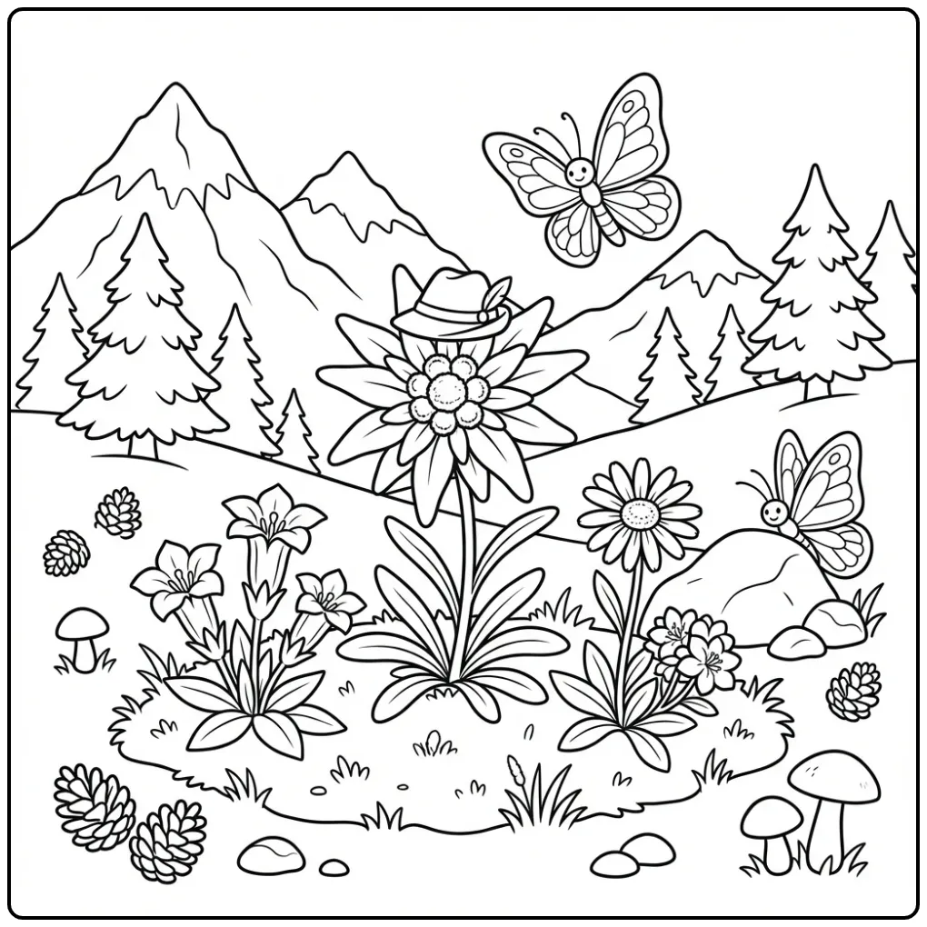 Flowers and butterflies coloring page with edelweiss in the mountains
