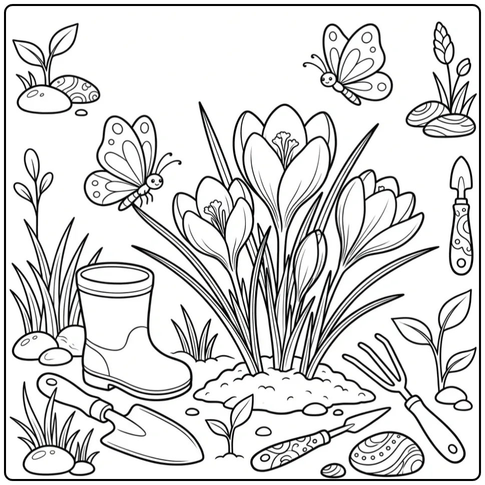 Cheerful Flowers and Butterflies in the Spring Garden coloring page