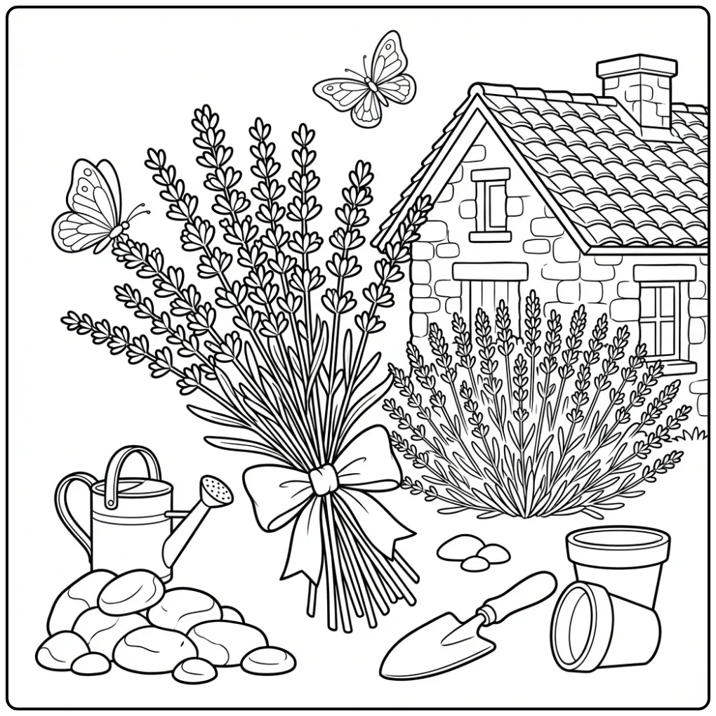 Flowers and butterflies coloring page with lavender and a garden house