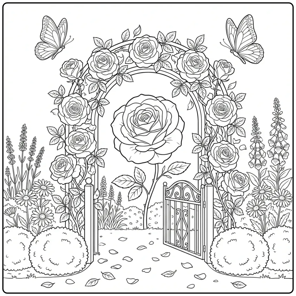 Flowers and butterflies coloring page in an English garden