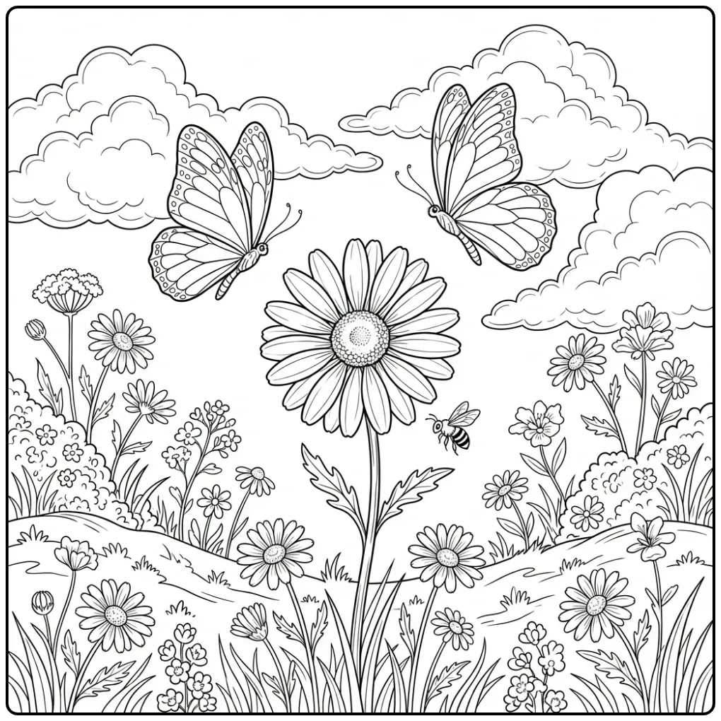 Flowers and butterflies coloring page in a sunny meadow