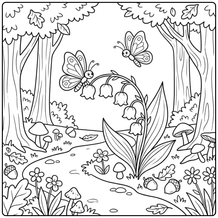 Flowers and butterflies coloring page on a forest path