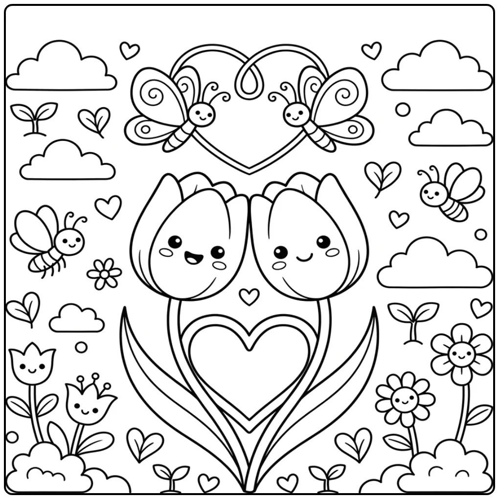 Flowers, butterflies, and hearts coloring page with tulips