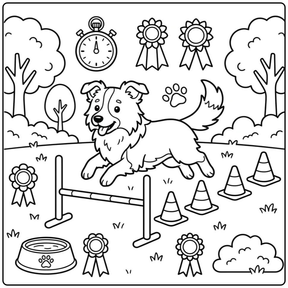 Cheerful Border Collie on an Agility Course coloring page