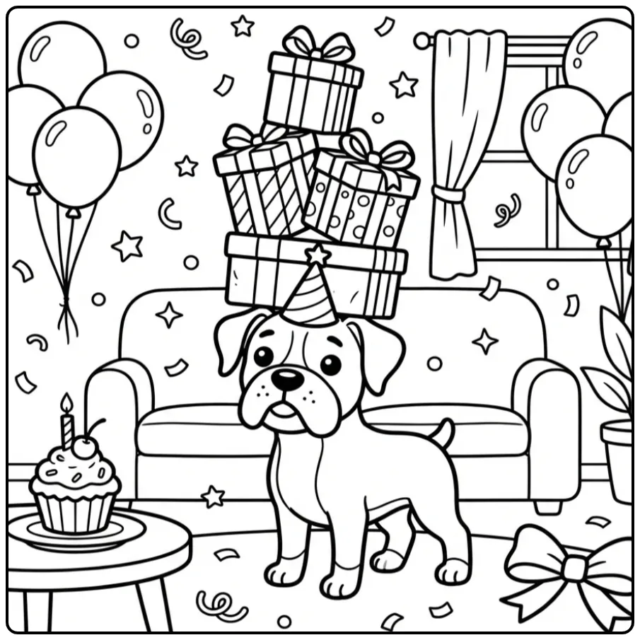 Cheerful Boxer Dog at a Birthday Party coloring page