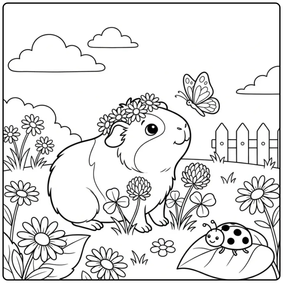 Baby Guinea Pig coloring page with a flower crown and butterfly